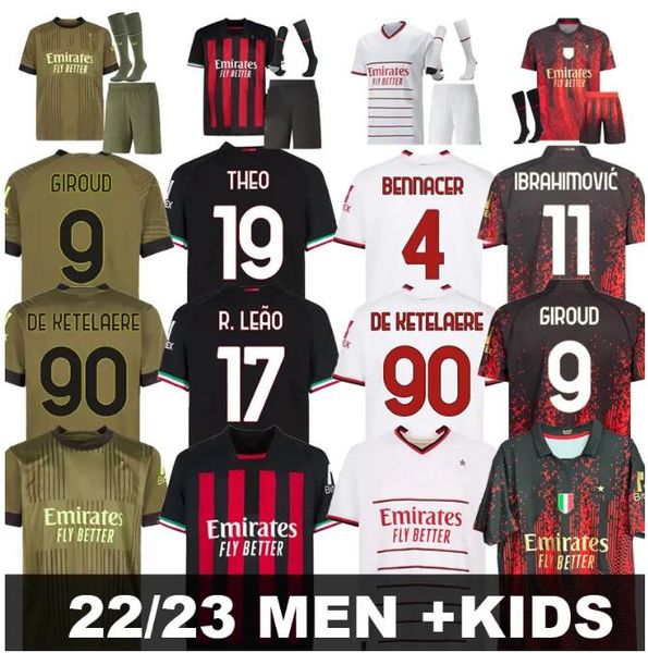 

22 23 giroud ibrahimovic soccer jerseys 2023 2024 third fans tonali rebic theo bennacer kessie football shirts kjaer ac milans men kids kit, Black;yellow