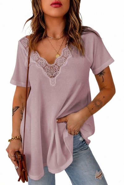 

pink lace crochet waffle knit ruffled v neck j59b#, White
