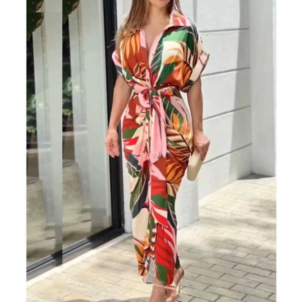 

new summer women's printed short sleeve high waist cardigan irregular dress long dress, White