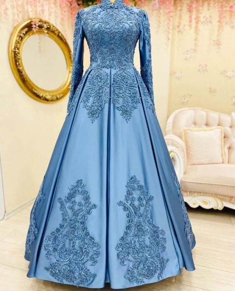 

blue muslim evening dresses 2022 high neck long sleeves applique lace satin prom gowns elegant women formal dress robe de marriage6513053, Black;red