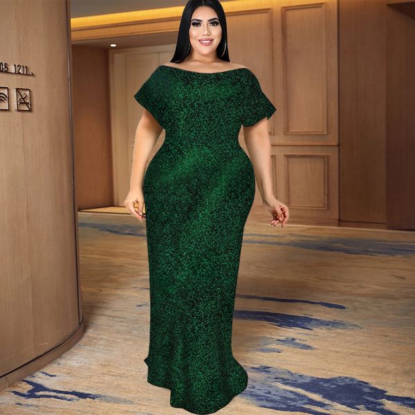 

plus size dresses women size dress 4xl elegant off shoulder short sleeve floor-length birthday party solid color evening gown 230518, Black