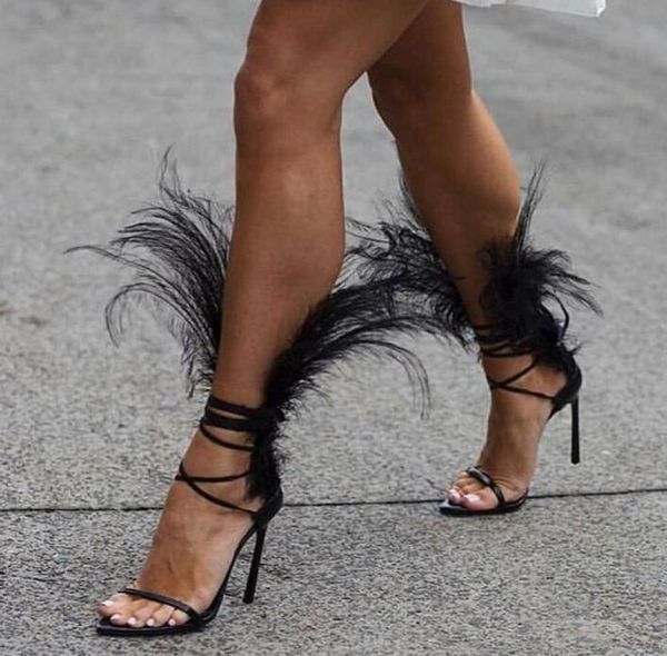 

show fashion sandals genuine leather feather stiletto heel shoes5499846, Black