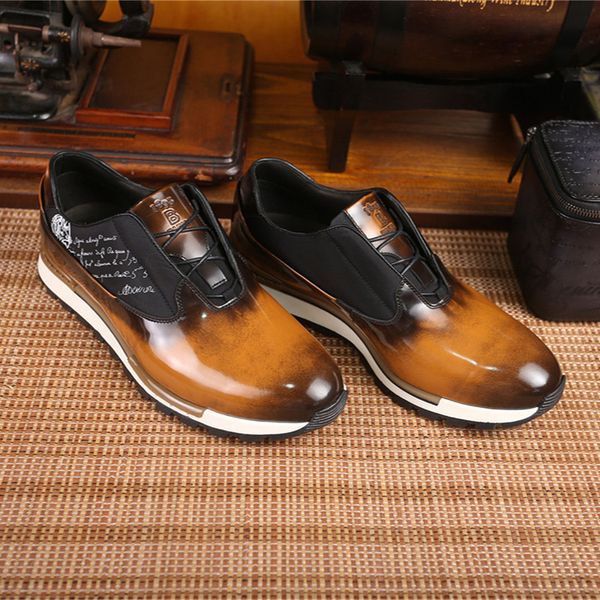 

berluti high end men's sports leather shoes mirror leather, handmade for comfortable hiking and running, Red;white