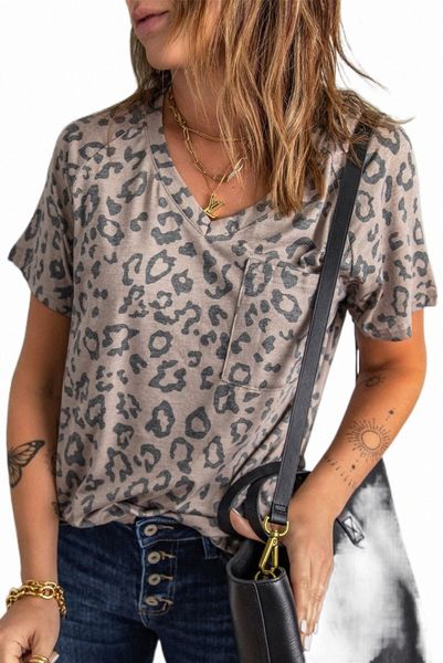 

brown v neck front pocket leopard tee 2023 new u3vh#, White