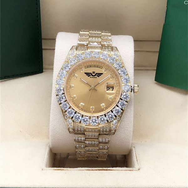 

watch full diamond gold dail 228238 228239 sapphire big diamond bezel 43mm 18k men automatic wristwatches with original box, Slivery;brown