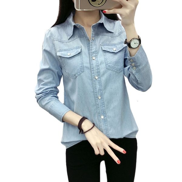 

women's blouses shirts spring autumn women cotton pocket full-sleeve blouse single breasted blue denim shirt casual 230519, White
