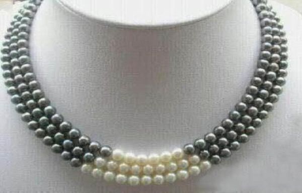 

3rows 78mm black white natural pearl necklace 1719quot0124237911, Silver