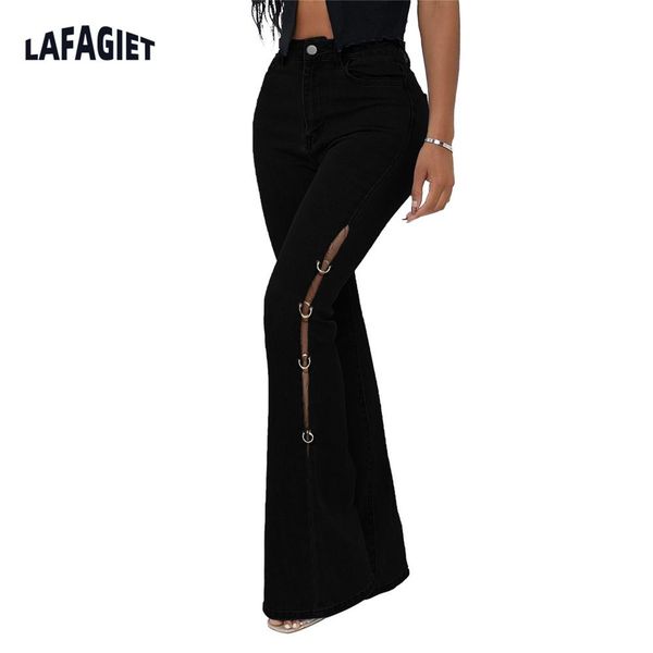 

jeans high waist loose comfortable jeans for women flared pants elastic fashion hollow out metal ring decoration denim pant trousers, Blue