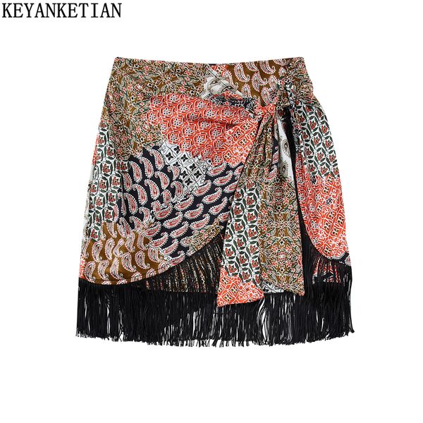 

skirts keyanketian womens fringed doublebreasted skirt summer ethnic print knotted straps holiday dress high waist miniskirt 230519, Black