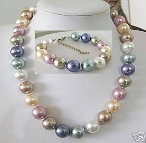 

10mm multicolor shell pearl necklace bracelet jewelry set7911222, Silver