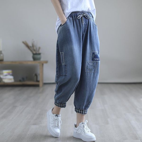 

jeans summer jeans women's cotton loose cropped female denim trousers embroidered elastic waist artistic retro nostalgic harem pants, Blue