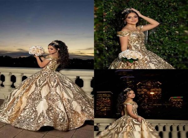 

2021 shining gold ball gown quinceanera dresses beaded off shoulder tulle sequined sweet 15 16 dress xv party wear1987437, Blue;red