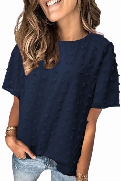 

navy swiss dot texture short sleeve 2023 new q8vw#, White