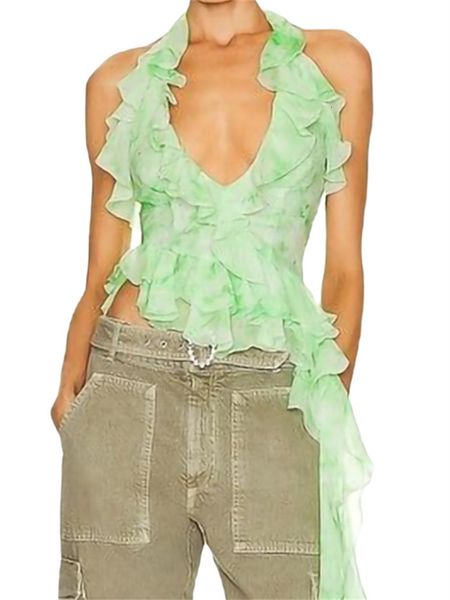 

womens tanks camis chronstyle women ruffles tassels tank sleeveless mesh see through vest slim fit halter backless slim fit camis y2k clubw, White