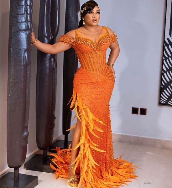 

2023 may aso ebi orange mermaid prom dress beaded crystals feather evening formal party second reception birthday engagement gowns dress rob, Black