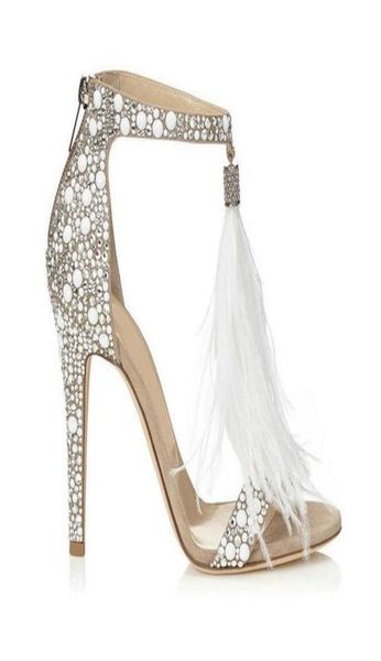 

elegant nude crystal embellished high heel sandals feather tassel gladiator sandals women shoes pumps female wedding sandalias muj3323809, Black