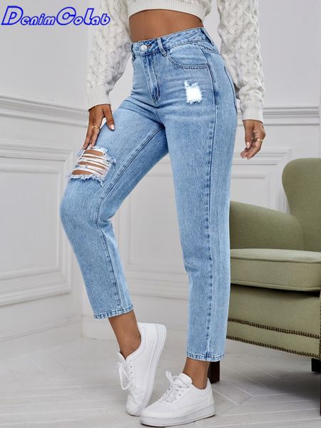 

women's jeans denimcolab autumn high waist ripped jeans ladies fashion hole washed cotton denim pants ladies casual mom fit jeans 23051, Blue