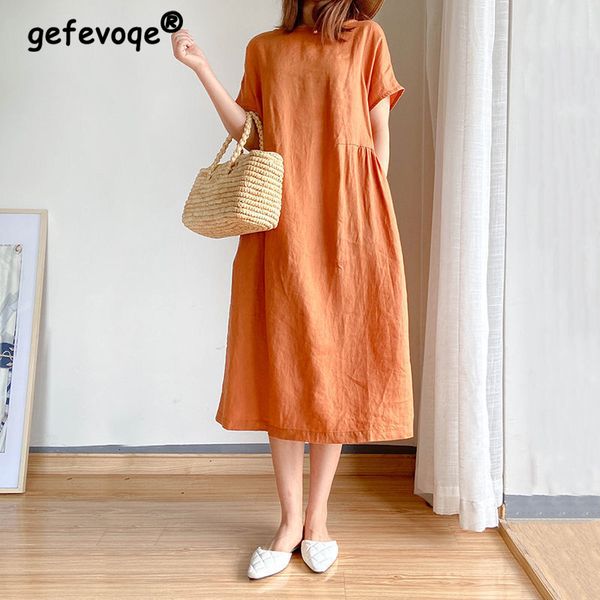 

basic casual dresses summer oversized loose casual long dress women solid color short sleeve cotton vintage vestidos de fiesta chic robe fem, Black;gray