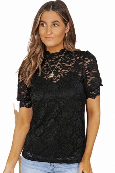 

black high neck lace short sleeve 2023 new 82md#, White