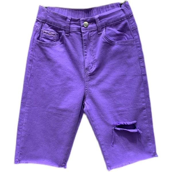

jeans trend new fashion summer women shorts purple casual kneelength denim pants hole elastic waist thin short jean, Blue