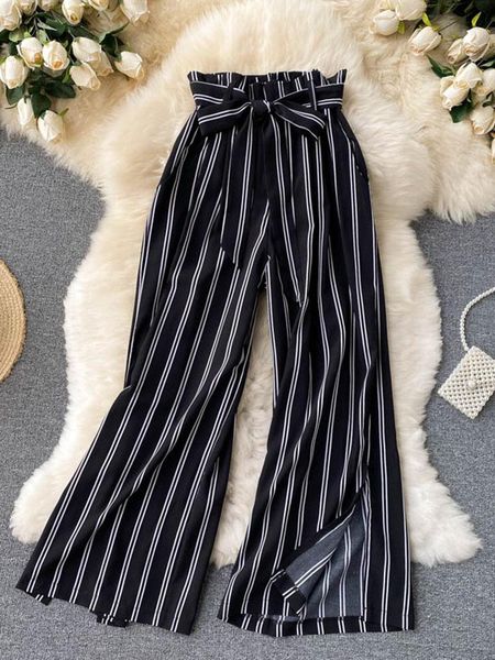 

capris summer new fashion allmatch women's casual pants retro striped color slim long slit wide leg pants dk1053, Black;white