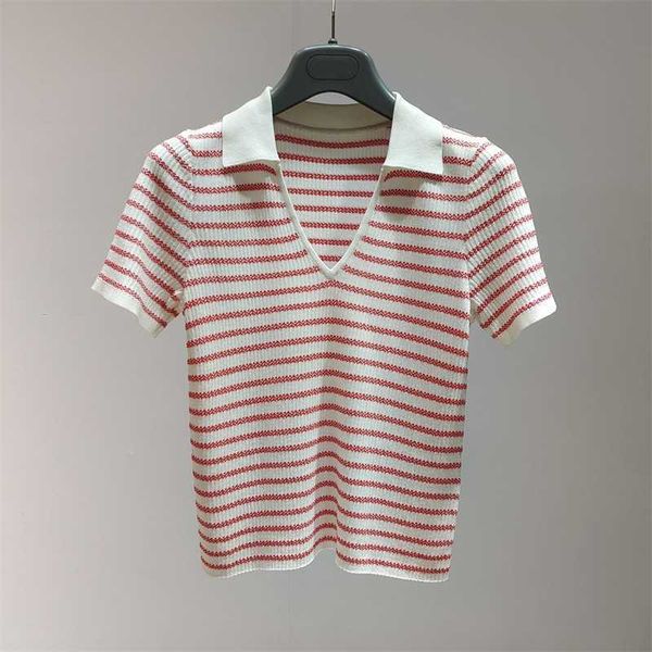 

the same of mall in summer 2023 new short sleeve pinstripe v-neck knitwear slim polo shirt for women, White;black