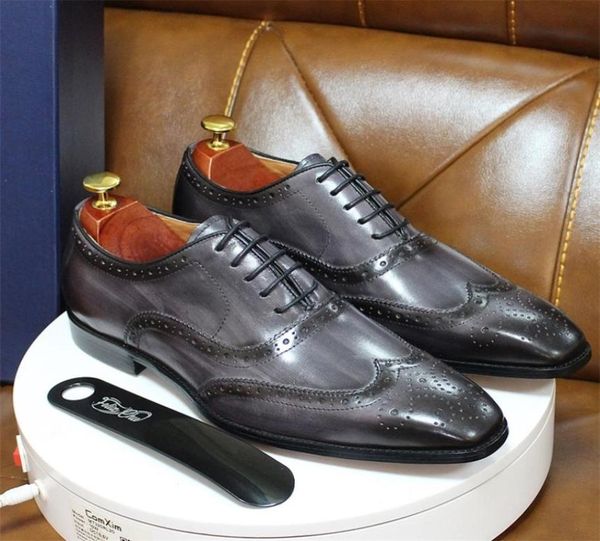 

size 613 handmade mens wingtip oxford shoes grey genuine leather brogue men039s dress shoes classic business formal shoes for 3556458, Black
