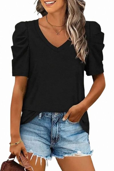 

black puff sleeve v-neck t-shirt 2023 new m8fv#, White