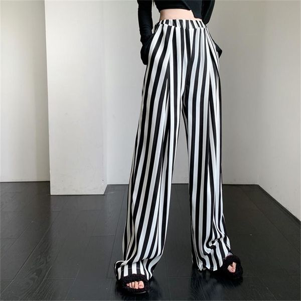 

capris gowyimmes 2022 big size fahion women thin chiffon pants casual wide leg loose female long pant striped trousers outwear pd1313, Black;white