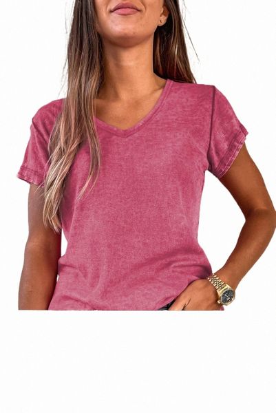 

rose mineral washed v neck short sleeve t shirt n7kk#, White