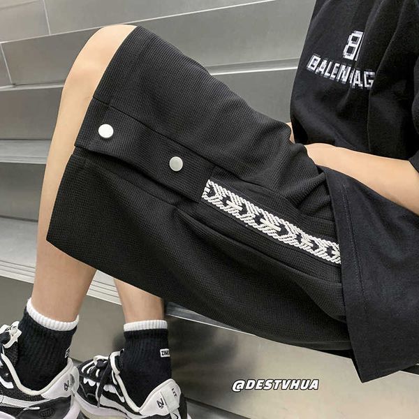 

black breasted casual shorts men's summer design side webbing american basketball thin sports cropped pants, White;black