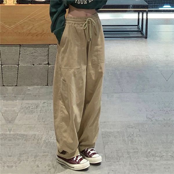 

womens two piece pant vintage cargo 2023 harajuku hiphop solid color wide leg streetwear female casual drawstring baggy 230519, White