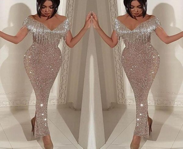 

bling gold sequins mermaid prom dresses 2019 long off shoulder v neck ruffles sweep train evening gowns pageant dress formal6456596, Black