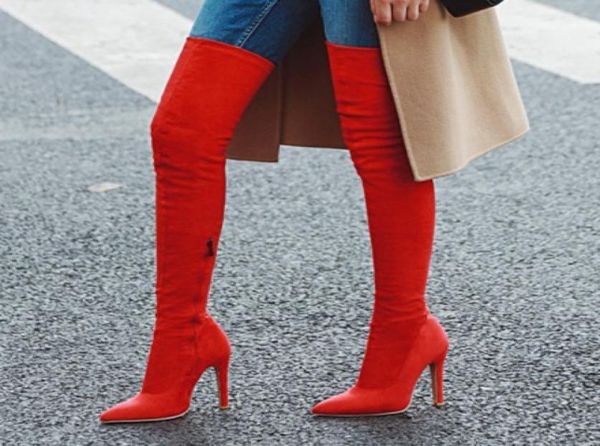 

plus size 32 to 42 to 48 fashion orange synthetic suede pointed high heel over the knee thigh high boots red black3967829, Black