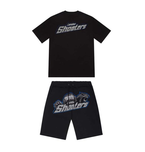 

summer new trapstar london shooter short-sleeved t shirt suit chenille decoding black ice flavor 2.0 men's round neck t-shirt shorts br, White;black