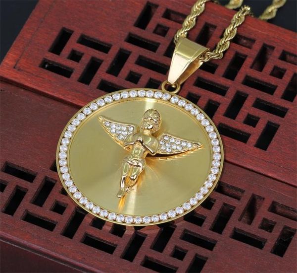 

mens stainless steel angel pendant necklace hip hop white zircon bling 18k gold plated religious jewelry 1269 b37880094, Silver