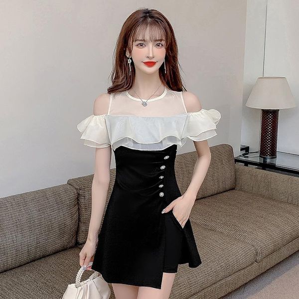 

dress summer new style stitching casual fashion slim round neck temperament cold shoulder dress and shorts suit 2pcs set female, White