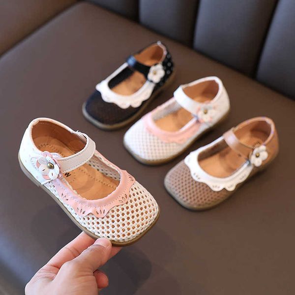 

2022 breathable hollow-outs flat heels sandals for girls summer appliques princess birthday shoes girl toddler mary janes f01234 g220512, Black;red