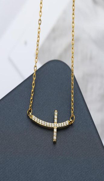 

tiny gold curved sideways cross necklace for women men cubic zirconia religious pendant jewelry charm collier chains3704227, Silver