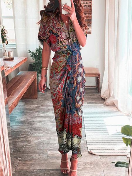 

basic casual dresses fashion dot print long dress summer elegant womens v neck short sleeves irregular single breasted lace up shirt dresses, Black;gray