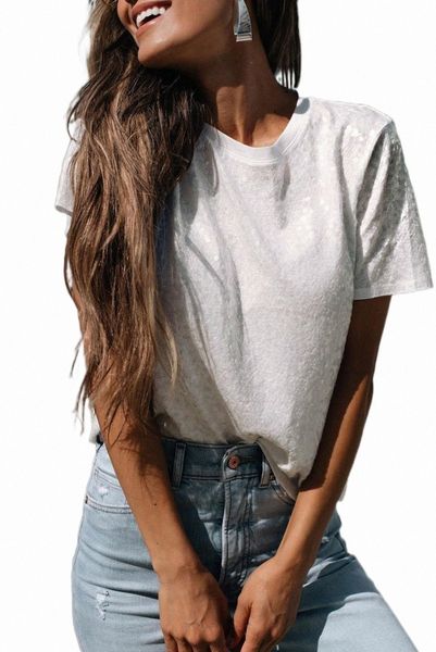 

white sequin casual short sleeve t shirt 2023 new z6z2#