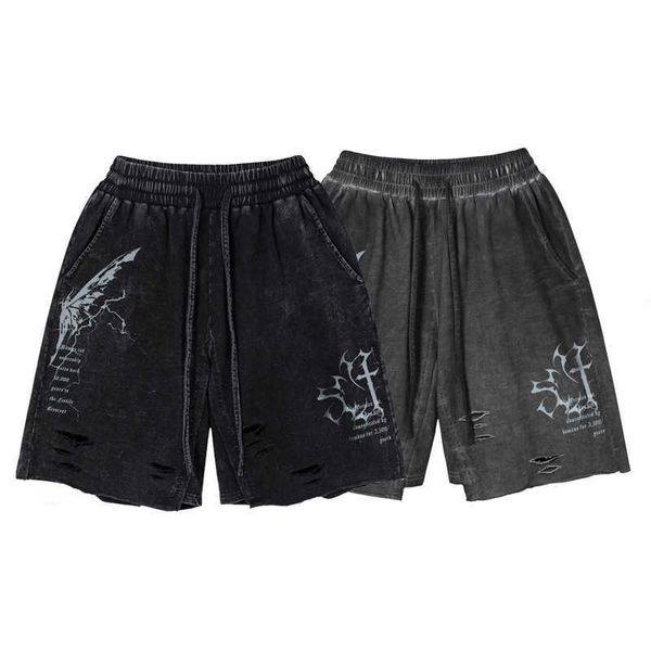 

worn washed and torn pants casual men's oversized loose american printed sports pure cotton straight tube shorts, White;black
