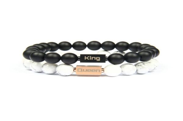 

2pcsset new couple crown jewelry king and queen stainless steel bracelets with 8mm natural stone beads6805341, Golden;silver