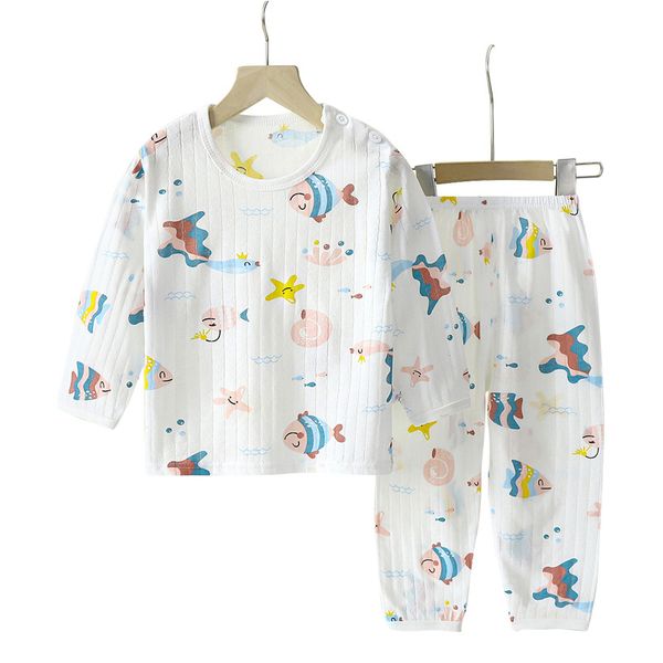 

2023 new children's pure cotton home suit set summer long sleeve pajamas thin air conditioning suit for boys and girls, Blue;red