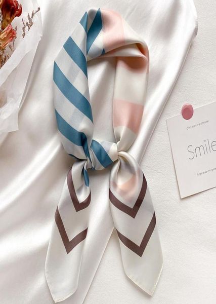 

silk scarf women ladies spring summer striped small thin narrow square headband headscarf handle scarves 7070cm6541943, Blue;gray