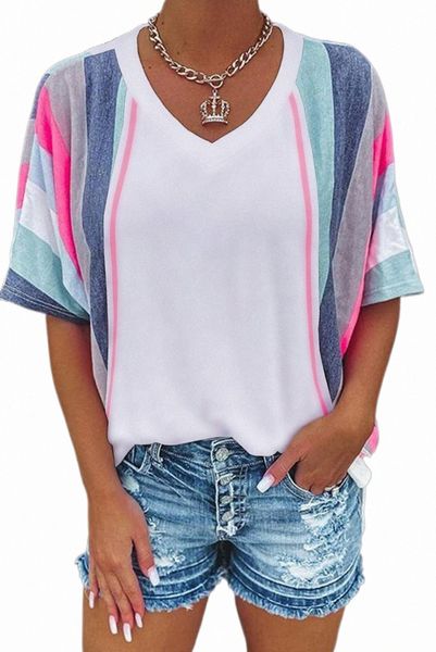 

white stripe patchwork v neck t shirt 2023 new 57w1#