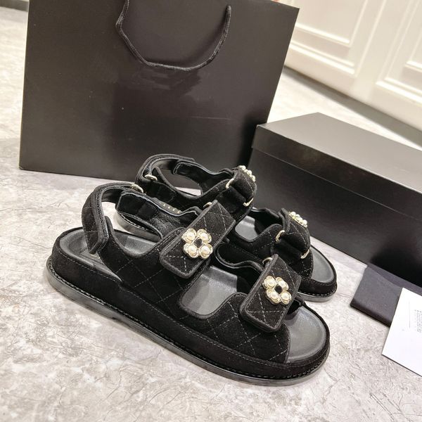 

women calfskin leather sandals designer summer beach shoes slingback hook&loop platform sandal diamond buckle ankle strap flats chunky wedge, Black