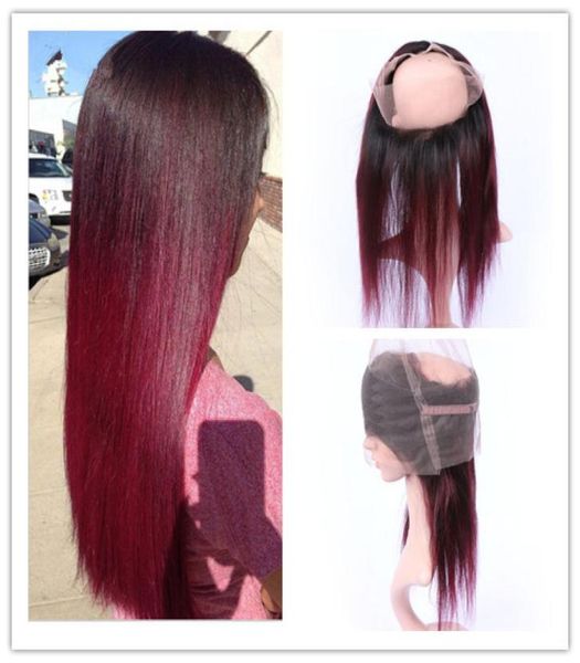 

wine red ombre 360 band lace frontal closure pre plucked silky straight 1b99j burgundy red brazilian hair full frontals 360 band 3224136, Black;brown