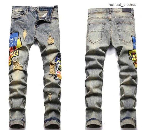 

men's jeans am european jean with holes printing trend elastic slim fit pants high end versatile 3172 mm70gg2 v72t, Blue