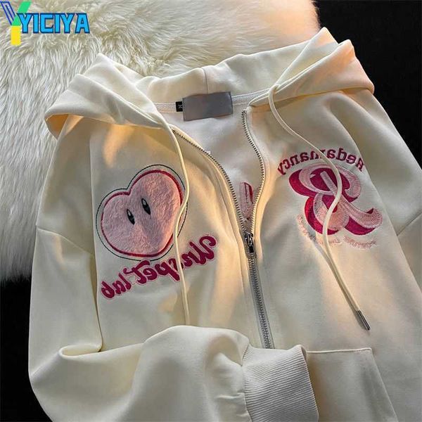 

yiciya women's hoodies embroidery letter hoodies women men retro oversized loose zipper casual lovers long sleeve streetwear, Black